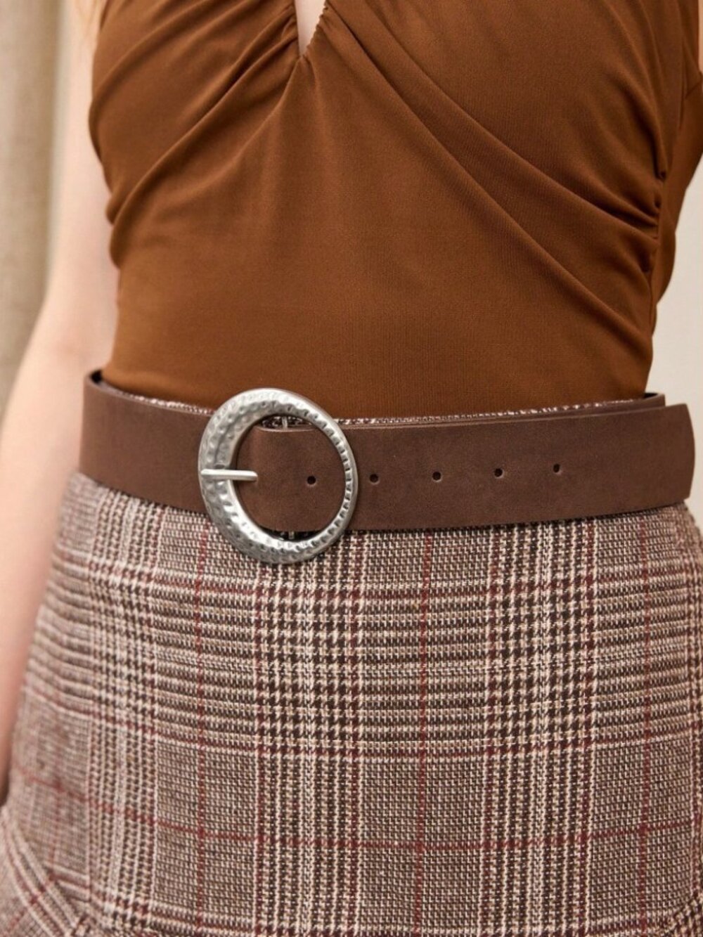 Brown Vegan Suede Belt with Hammered Silver Round Buckle